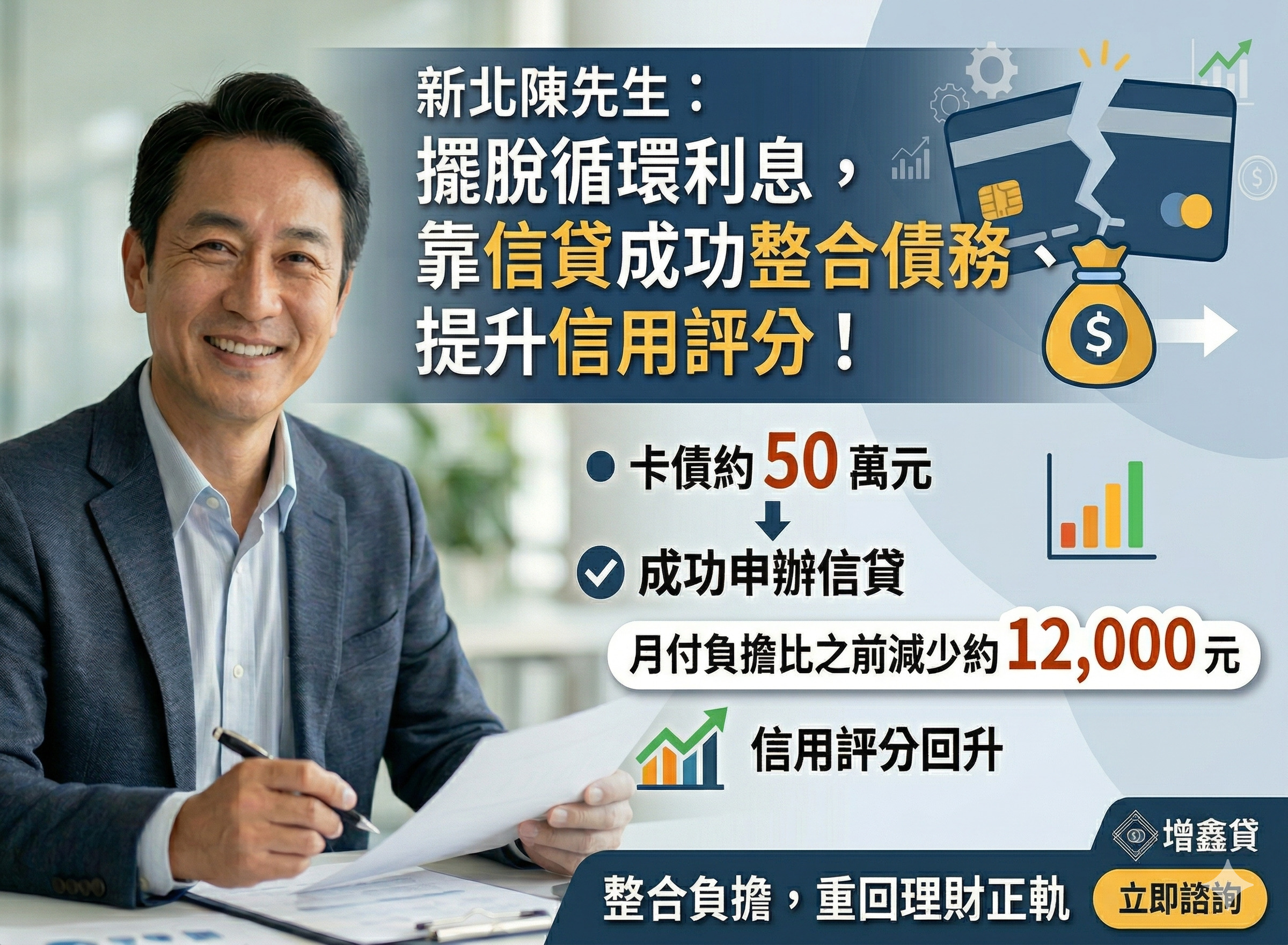 新北陳先生：擺脫循環利息，靠信貸成功整合債務、提升信用評分！