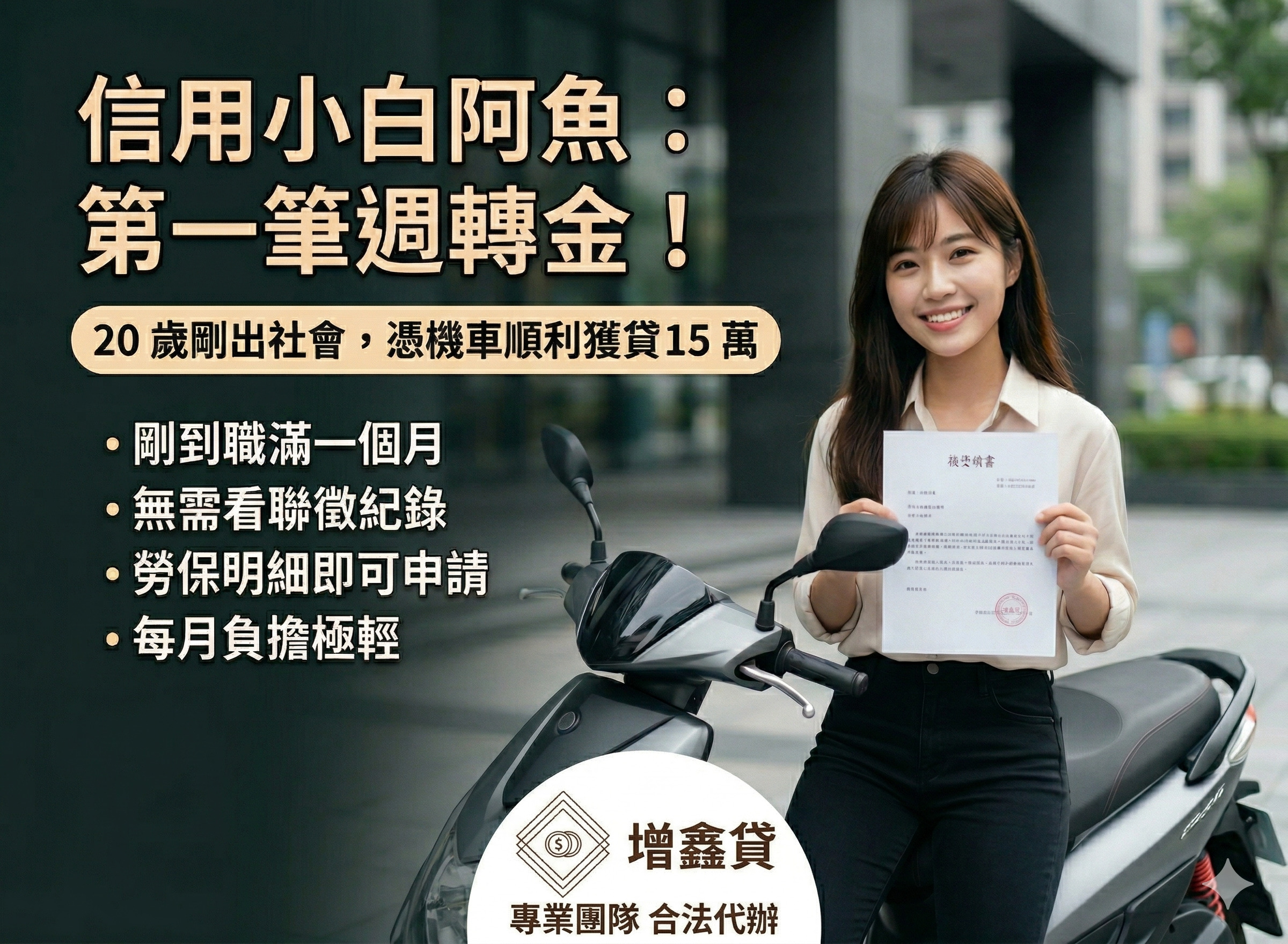 信用小白阿魚：第一筆週轉金！20 歲剛出社會，憑機車順利獲貸 15 萬