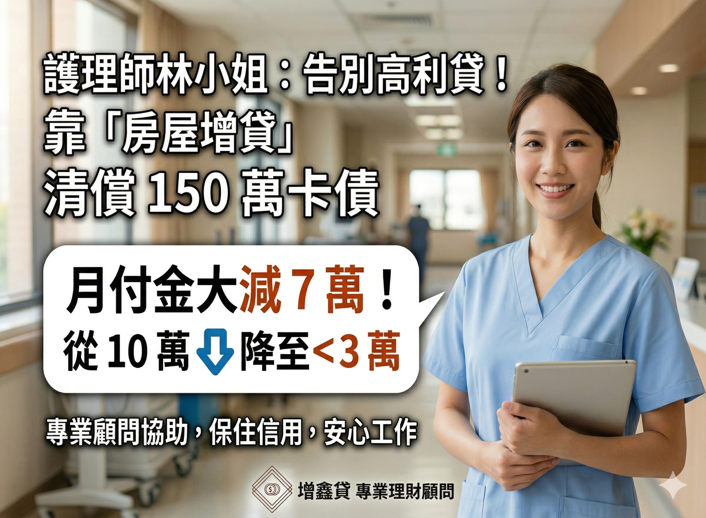 護理師林小姐：高利轉貸曙光！靠「房屋增貸」清償 150 萬卡債，月付金大減 7 萬